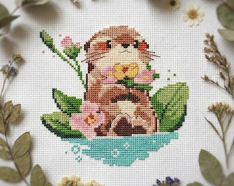 Flower otter cross stitch pattern PDF - easy cute animal otter lover gift kawaii modern funny small sea otter summer flower - cs14