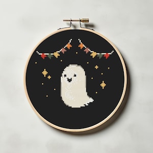 Fall ghost cross stitch pattern PDF - cute funny easy small halloween witch autumn spooky modern creepy cs28