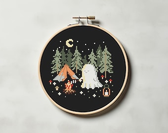 Ghost camping cross stitch pattern PDF - cute funny easy small spooky simple modern nature lover gift cs15