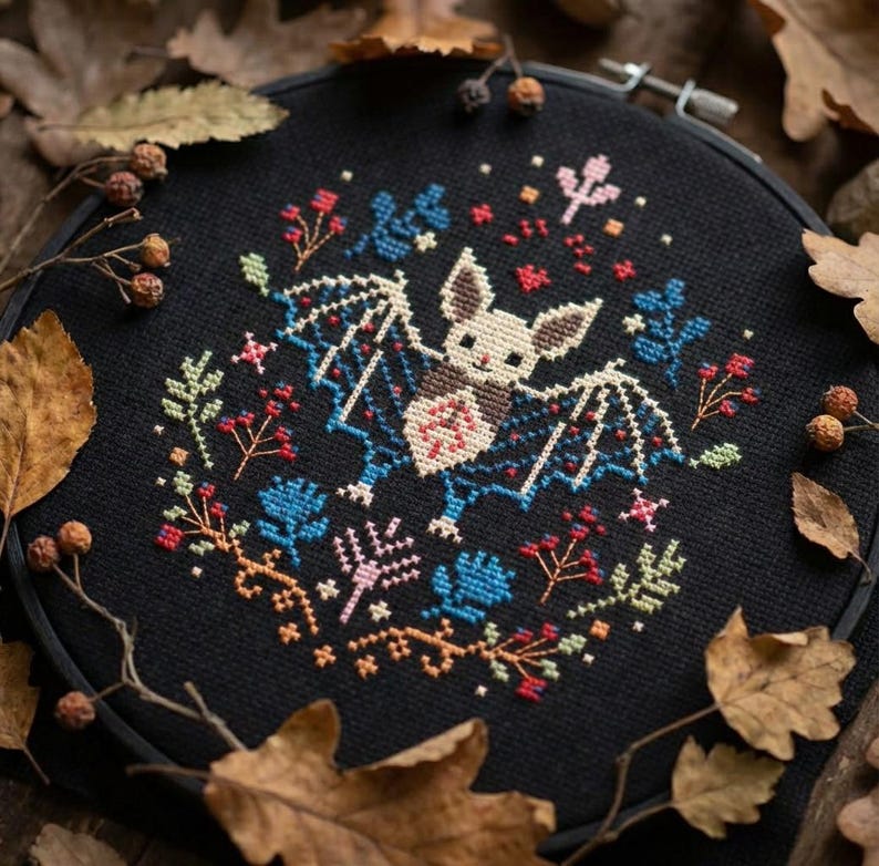 Floral Bat Cross Stitch Pattern PDF | Gothic Halloween Embroidery PDF ...