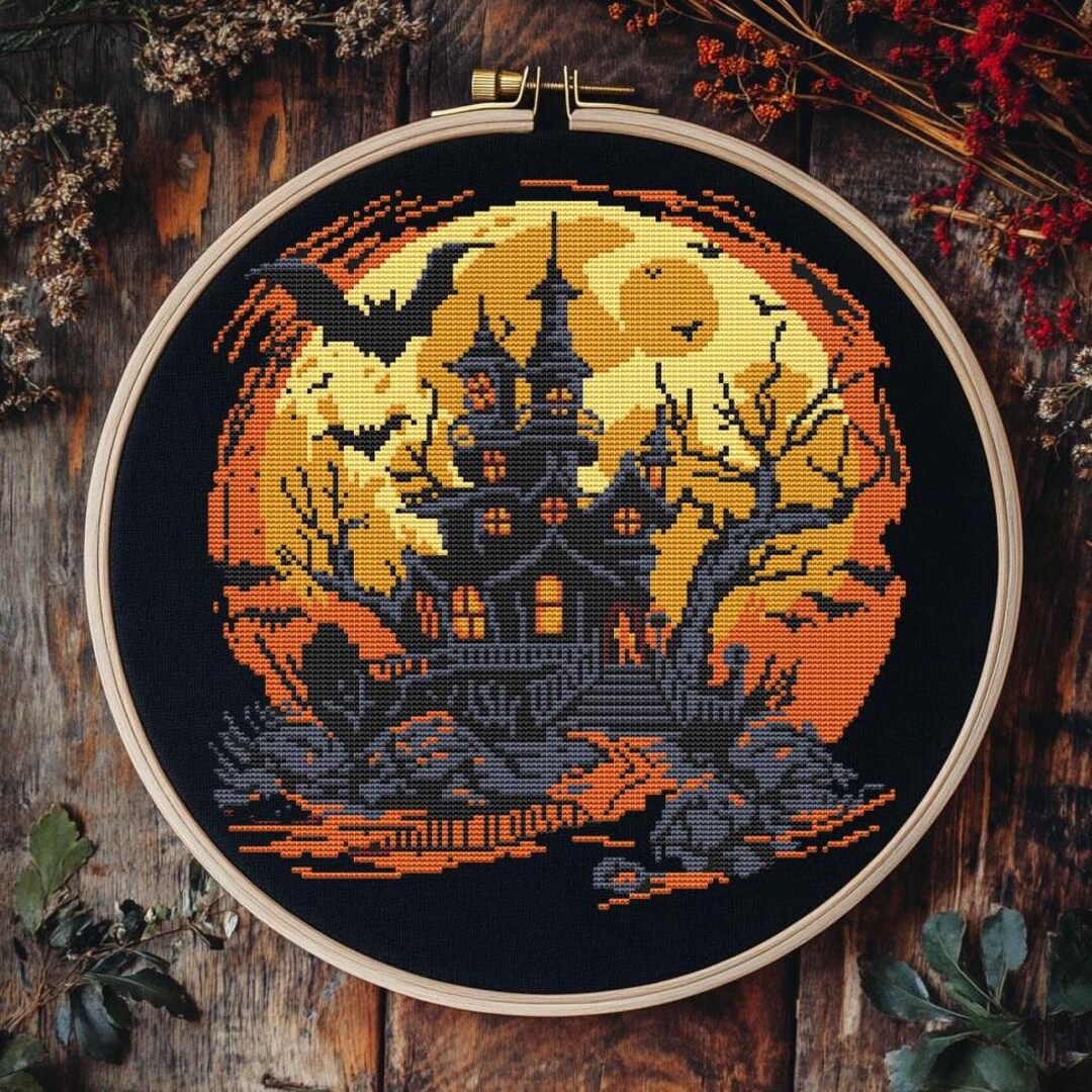 Haunted House Cross Stitch Pattern PDF - Gothic Creepy Witch Witchcraft ...