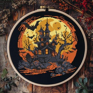 Haunted House cross stitch pattern PDF - gothic creepy witch witchcraft spooky halloween easy haunted mansion scary cs10
