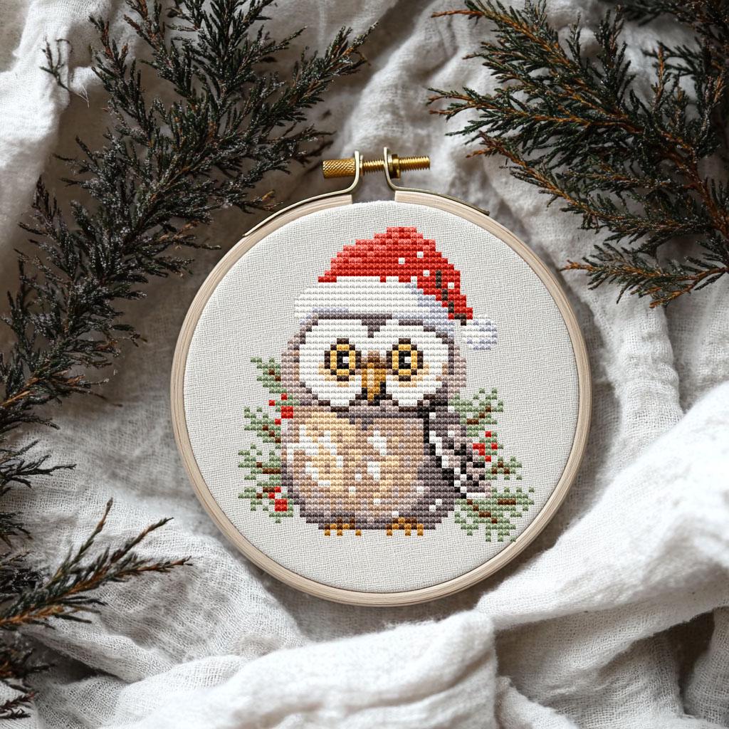 Mini christmas owl cross stitch pattern PDF - owl ornament simple small winter bird forest cute easy