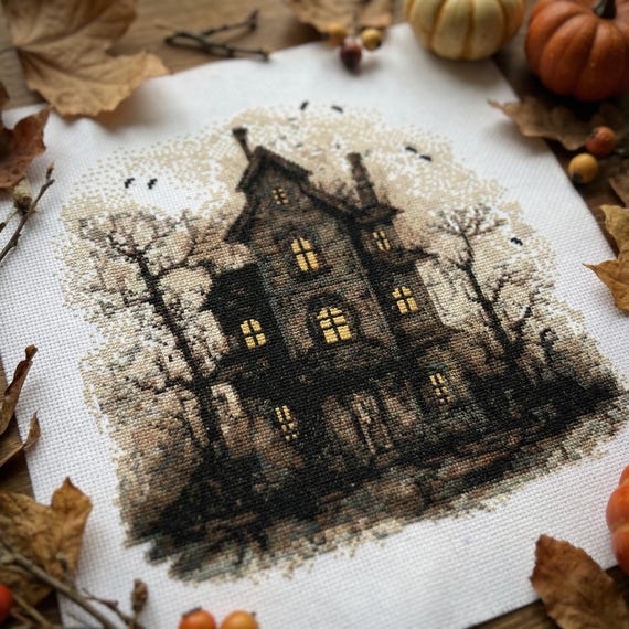 Creepy house cross stitch pattern PDF - gothic occult spooky horror dark halloween haunted house haunted mansion big cs11
