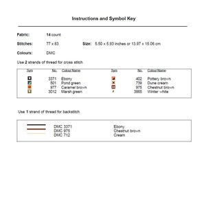 May include: A cross-stitch pattern instruction sheet with the title "Instructions and Symbol Key." It includes fabric count, stitch dimensions, and a color key with DMC thread numbers and names. The size is 5.50 x 5.93 inches.