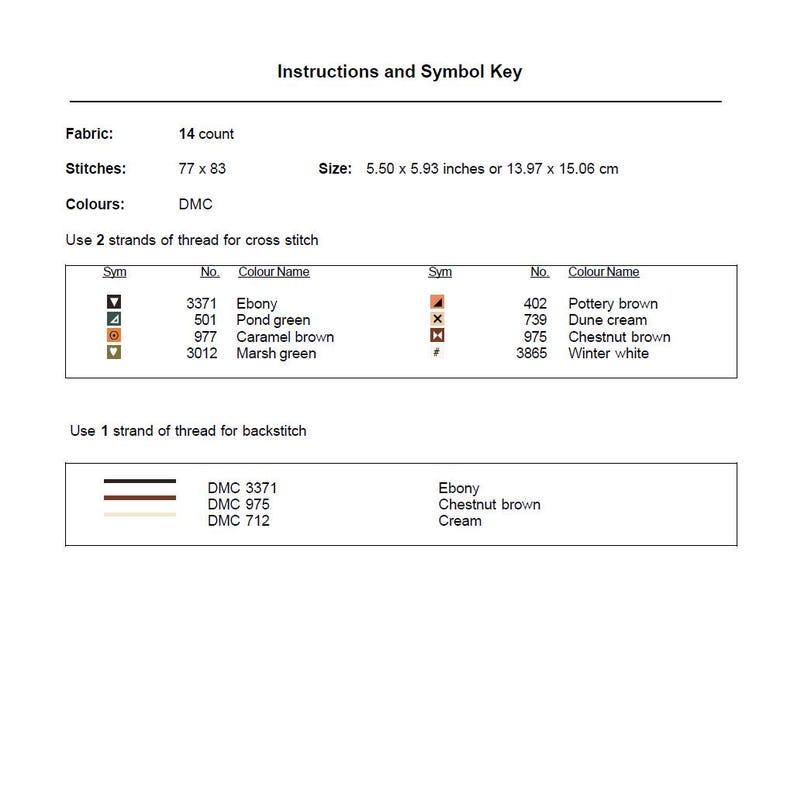May include: A cross-stitch pattern instruction sheet with the title "Instructions and Symbol Key." It includes fabric count, stitch dimensions, and a color key with DMC thread numbers and names. The size is 5.50 x 5.93 inches.
