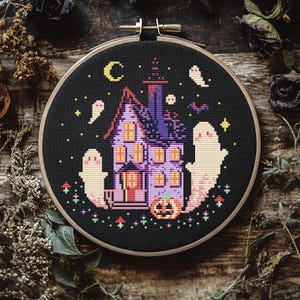 Halloween creepy house cross stitch pattern PDF - funny haunted house simple spooky ghost autumn gothic fairytale anime fall cs42