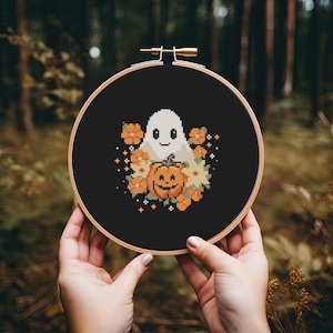 Flower ghost cross stitch pattern PDF cute funny easy small halloween fall pumpkin jack o lantern autumn spooky cs27 image 4
