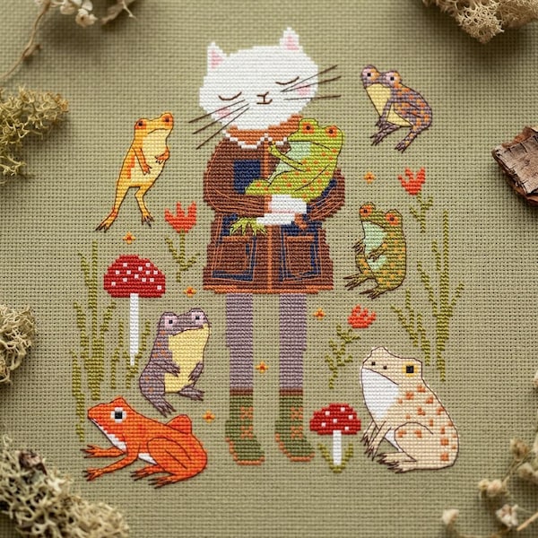 Patrón de punto de cruz en PDF de un lindo gato y ranas, bordado de animales kawaii, diseño acogedor, arte cottagecore Frogcore, descarga instantánea – cs109