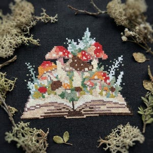 Mushroom book  cross stitch pattern PDF - autumn easy cute fall reading woodland funny magic nerdy forest cs36