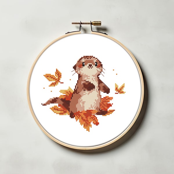 Fall otter cross stitch pattern PDF - funny small kawaii autumn animal cute otter lover gift easy modern cs34