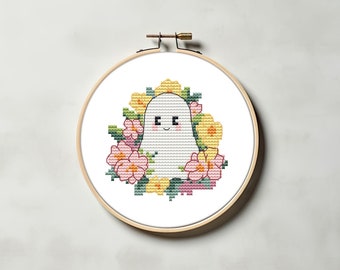 Mini floral ghost cross stitch pattern PDF - easy simple summer flower cute tiny beginner halloween ghost cs63