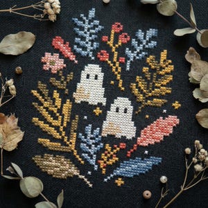 Ghost Cross Stitch Pattern PDF | Autumn Floral Embroidery PDF | Cute Spooky Decor – cs94
