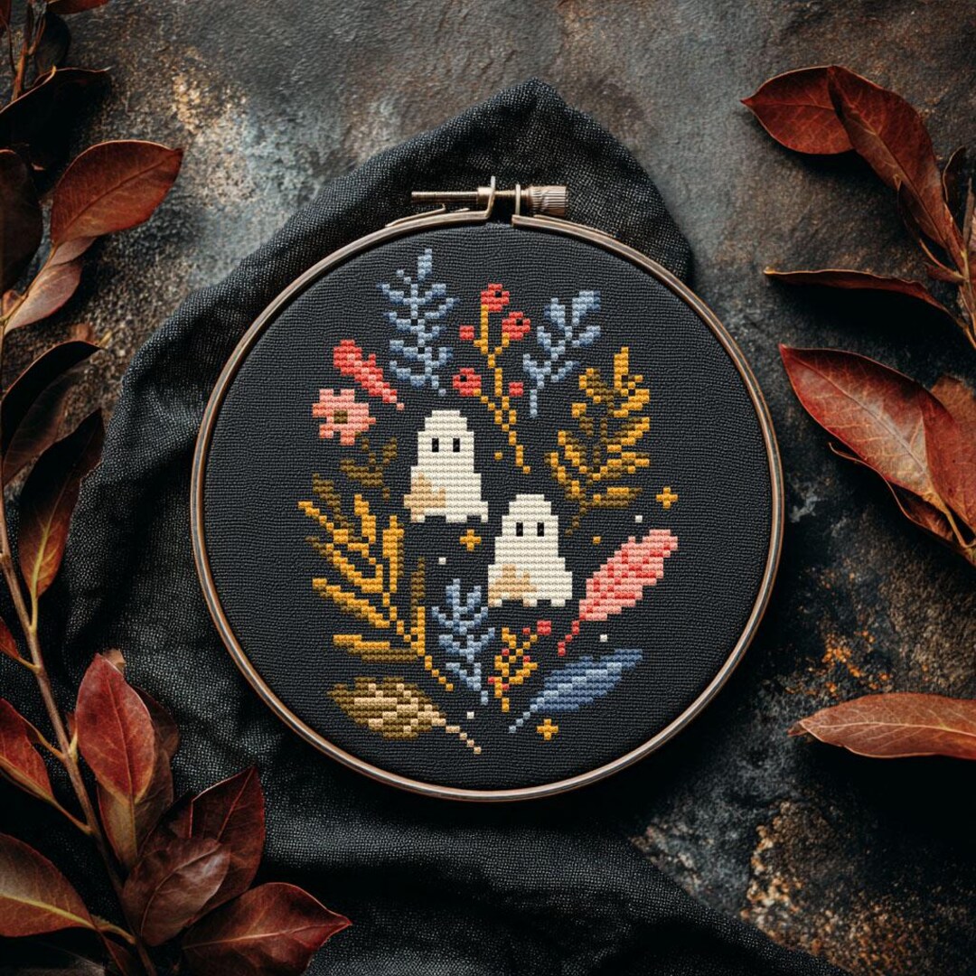 Ghost Cross Stitch Pattern PDF | Autumn Floral Embroidery PDF | Cute ...