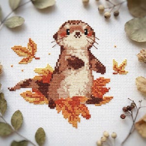 Fall otter cross stitch pattern PDF - funny small kawaii autumn animal cute otter lover gift easy modern cs34