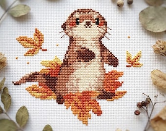 Fall otter cross stitch pattern PDF - funny small kawaii autumn animal cute otter lover gift easy modern cs34