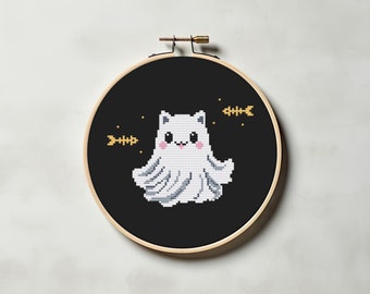 Cat ghost cross stitch pattern PDF - cute funny easy small halloween witch fall autumn spooky kawaii cs25