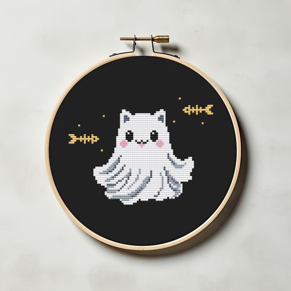 Cat ghost cross stitch pattern PDF - cute funny easy small halloween witch fall autumn spooky kawaii cs25