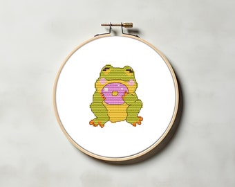 Donut frog cross stitch pattern PDF - cute funny easy small beginner kawaii mini summer animal toad cs12