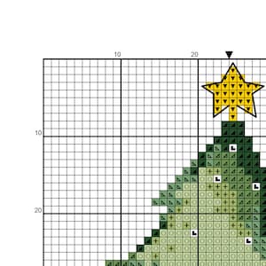 May include: A green Christmas tree with a yellow star on top. The tree is made up of green, light green, and black squares.