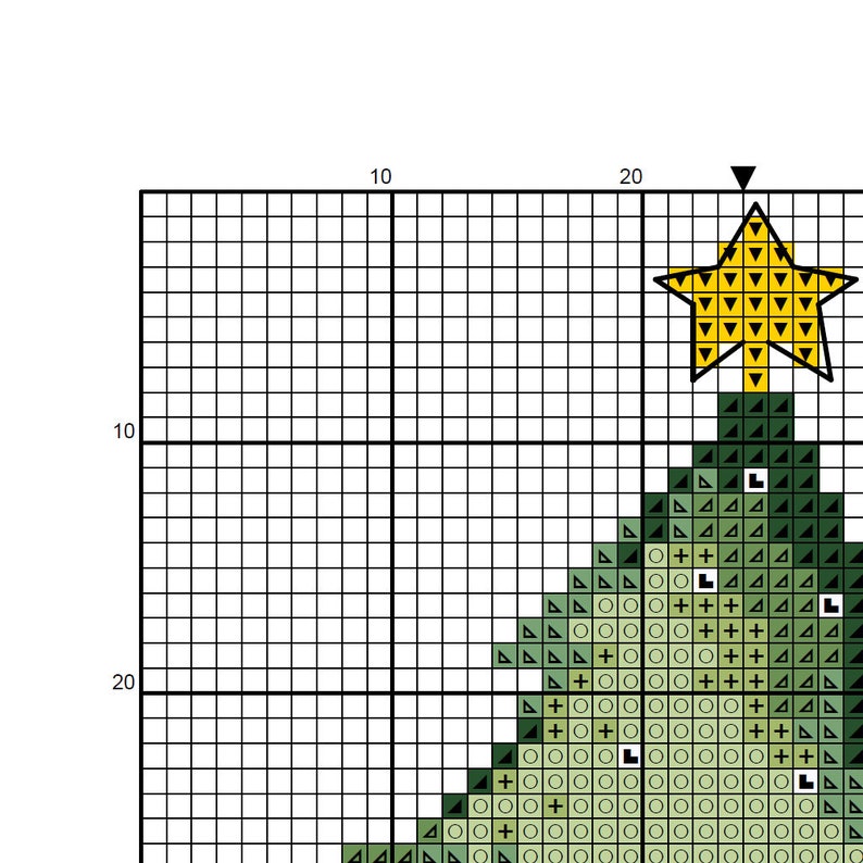 May include: A green Christmas tree with a yellow star on top. The tree is made up of green, light green, and black squares.