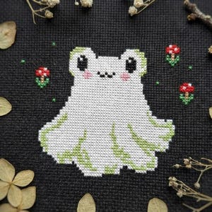 Frog ghost cross stitch pattern PDF - kawaii spooky autumn mini fall small halloween cute funny easy cs31