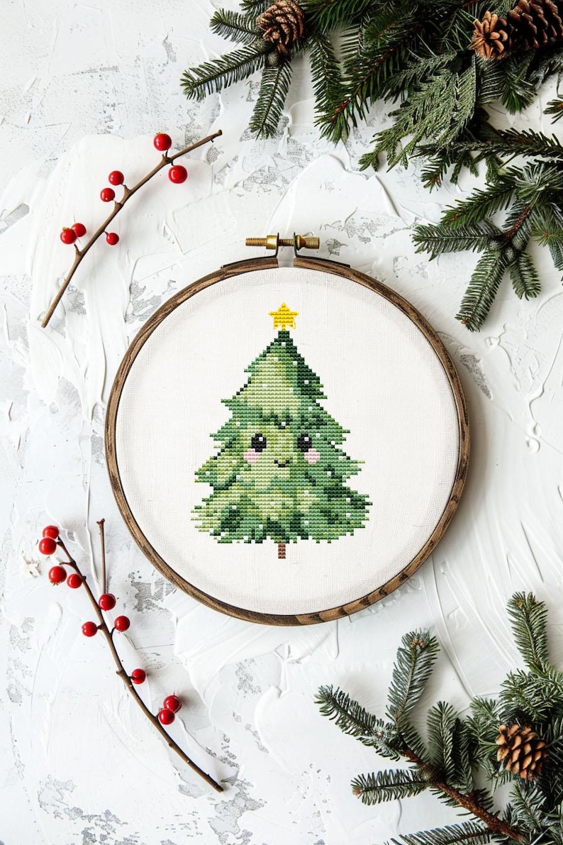 Funny christmas tree cross stitch pattern PDF - simple small winter kawaii cute christmas gift cs53 image 1