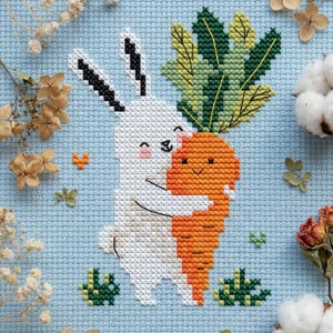 May include: Cross-stitch design of a white rabbit embracing a large orange carrot with green leaves. The rabbit has black and white ears and a smiling face. The background is light blue with small green and orange accents.