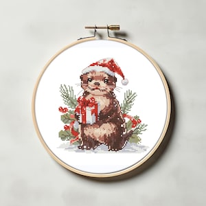 Loutre de Noël motif point de croix PDF - animal mignon père Noël cadeau de Noël loutre d'hiver cadeau pour les amoureux kawaii moderne drôle cs45