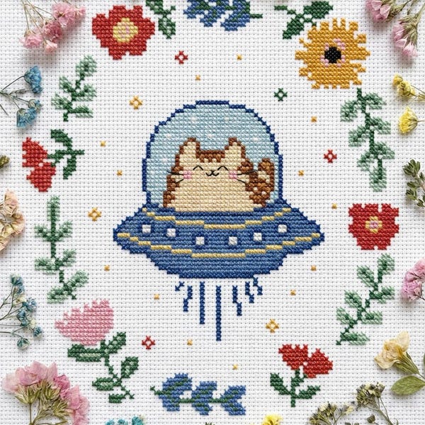 Alien Cat Cross Stitch Pattern PDF, Kawaii Space Cat Embroidery, Cute UFO Kitty Design, Sci Fi Animal Art, Adorable Cat Pattern – cs115