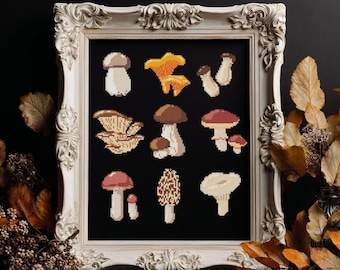 Patrón de punto de cruz de setas en PDF - estilo cottagecore, otoño, bosque, naturaleza moderna, negro, otoño, fácil, cs22