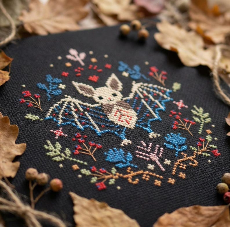 Floral Bat Cross Stitch Pattern PDF | Gothic Halloween Embroidery PDF ...