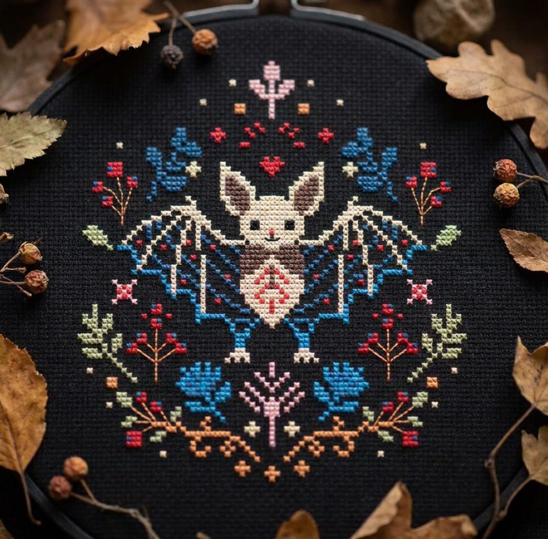 Floral Bat Cross Stitch Pattern PDF | Gothic Halloween Embroidery PDF ...