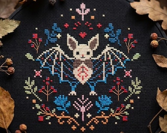 Floral Bat Cross Stitch Pattern PDF | Gothic Halloween Embroidery PDF | Witchy Dark Décor – cs93