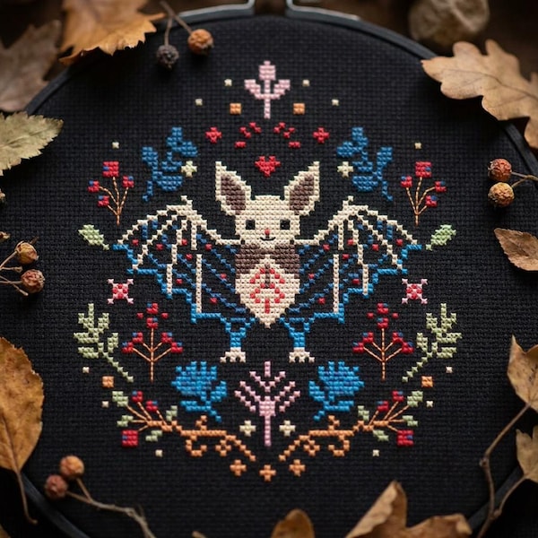 Floral Bat Cross Stitch Pattern PDF | Gothic Halloween Embroidery PDF | Witchy Dark Décor – cs93