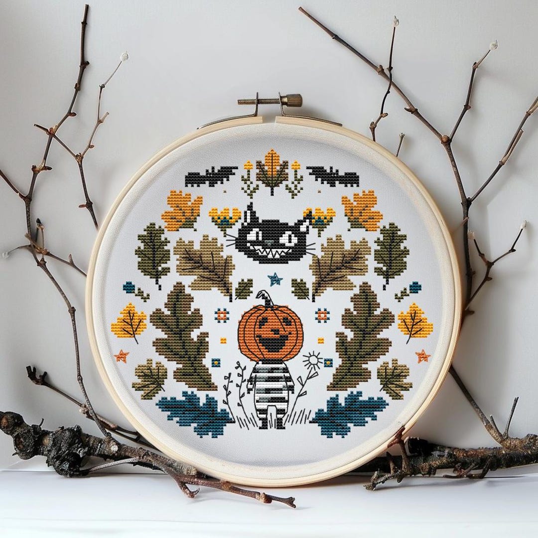 Vintage Halloween Cross Stitch Pattern PDF - Pumpkinhead & Black Cat ...