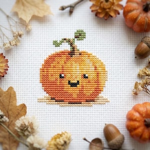 Cute small pumpkin cross stitch pattern PDF - for beginners easy happy thanksgiving funny kawaii autumn harvest mini fall cs43