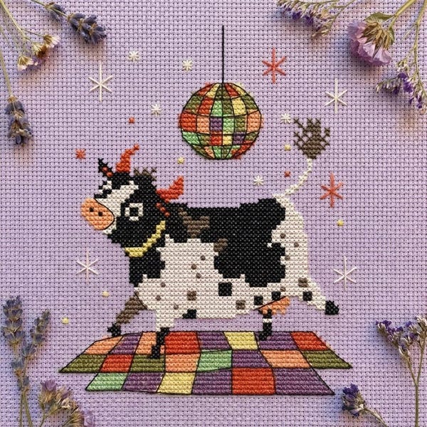 Disco Cow Cross Stitch Pattern PDF, Funny Cow Embroidery, Cute Retro Animal Design, Kawaii Farm Animal, Whimsical Cross Stitch cs111
