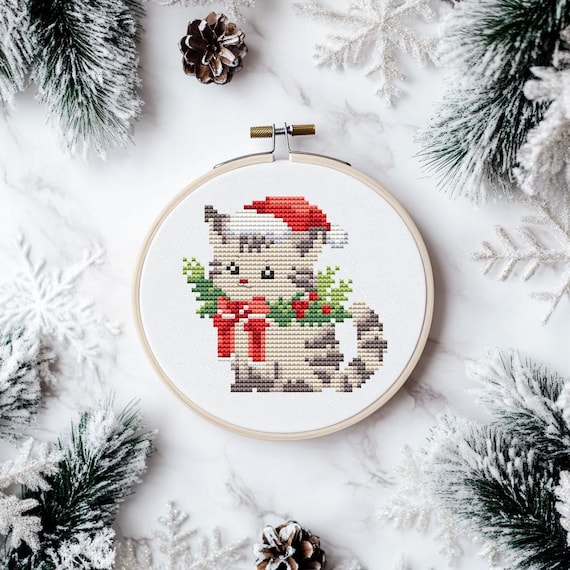 Christmas cat cross stitch pattern PDF - merry christmas winter animal easy cute holiday funny small mini cs46