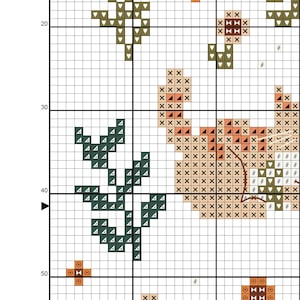 May include: A cross-stitch pattern chart with a grid of squares. The design features a floral motif in shades of green, orange, and brown. The chart includes symbols and numbers for stitch placement, ideal for needlecraft enthusiasts.