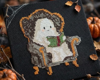 Ghost reading cross stitch pattern PDF - cute funny small spooky love reading bookworm library cs60
