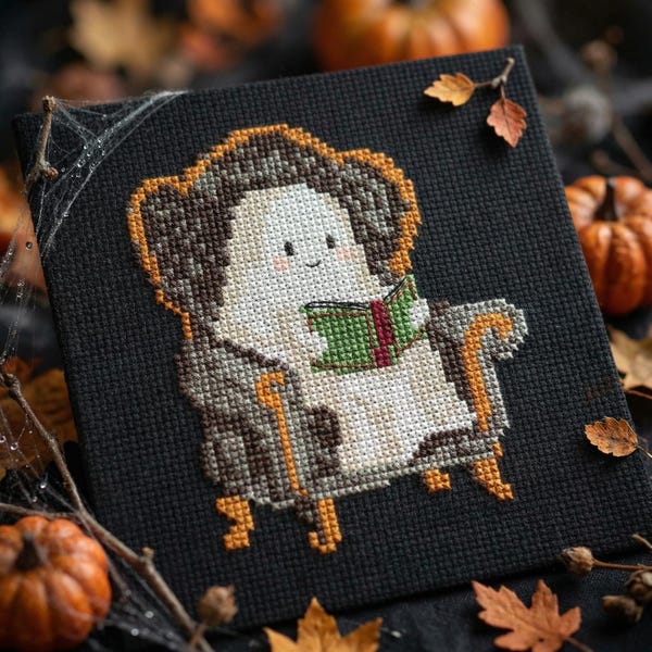 Ghost reading cross stitch pattern PDF - cute funny small spooky love reading bookworm library cs60
