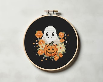 Flower ghost cross stitch pattern PDF - cute funny easy small halloween fall pumpkin jack o lantern autumn spooky cs27