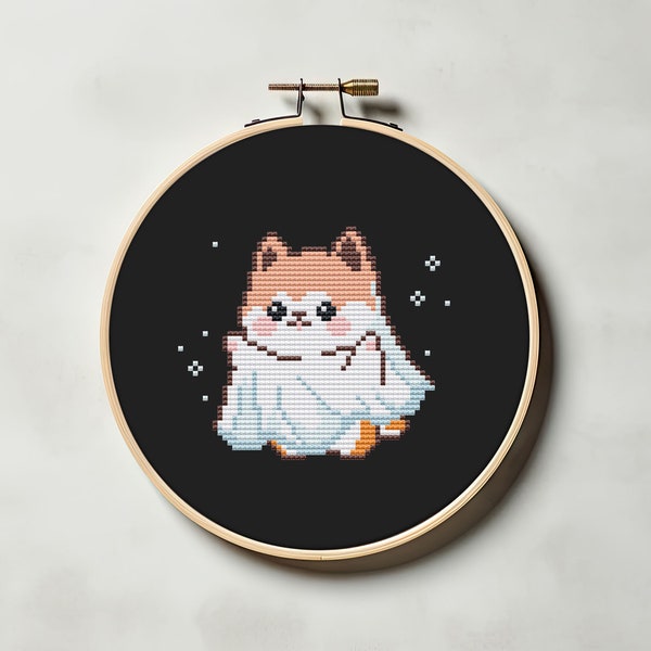 Cute ghost dog cross stitch pattern PDF - kawaii beginner friendly akita inu spooky halloween fall autumn easy funny cs38