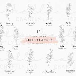SVG Flores de nacimiento, Flores del mes de nacimiento SVG, Paquete svg de botánicos del mes de nacimiento, Tatuaje de flores del mes de nacimiento, Ramo de flores svg, SVG floral