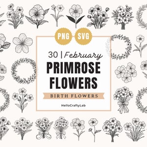 Flores de nascimento SVG, floral minimalista, flor de nascimento de prímula, tatuagem de flor de nascimento, buquê de flores, flor svg, flor do mês de nascimento SVG, PNG