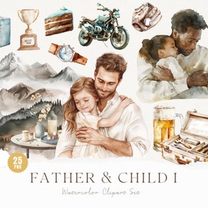 Imágenes prediseñadas del Día del Padre en acuarela estética de padre e hijo, imágenes prediseñadas de papá, imágenes prediseñadas neutrales de papá e hijo, imágenes prediseñadas de acuarela de padre e hija