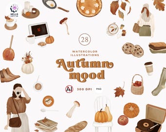 Peut inclure: Une collection de 28 illustrations à l'aquarelle intitulée Autumn mood, comprenant des éléments saisonniers comme des citrouilles, des feuilles mortes, une tarte, un tourne-disque, un appareil photo, un panier de pommes, des tasses et des livres.