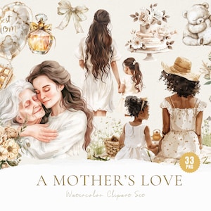 Clipart aquarela do dia das mães, PNG estético do dia das mães, clipart neutro do dia das mães, pacote de clipart do dia das mães, mãe e filho