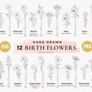 Fleurs du mois de naissance SVG, svg floral, dessin au trait floral, fleur de naissance SVG, fichiers svg fleur, tatouage floral mois de naissance, svg, SVG personnalisé, png